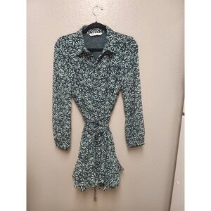 Zara Green White Damask Floral Print Mini Shirt Dress Tassel Belt Womens Medium